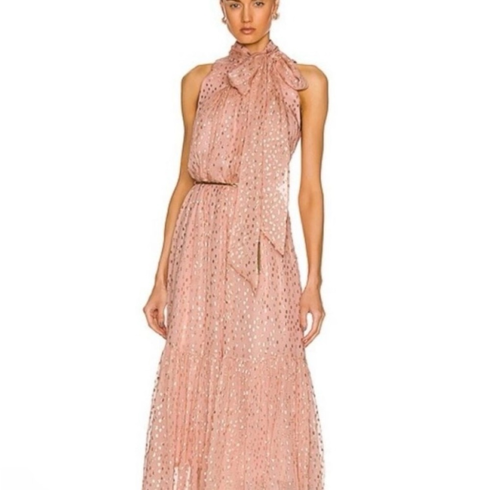 Zimmermann Pink and Gold Pleated Tie Front Maxi Gown